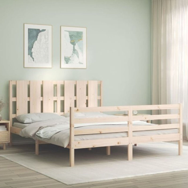 Massivholzbett aus Kiefer mit Kopfteil von Vidaxl in Natur und Weiß, Landhaus und Skandinavisch Stil, B: 160 cm, T: 200 cm, H: 100 cm - Bild 1