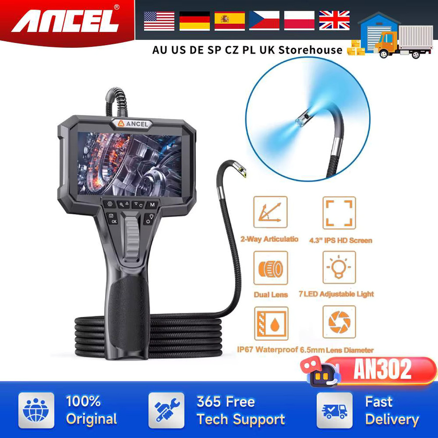 ANCEL AN302 Kfz-Endoskop in Schwarz mit Dual-Kamera, HD-Auflösung und Zwei-Wege-Gelenk sowie 7 LED-Leuchten - Bild 2
