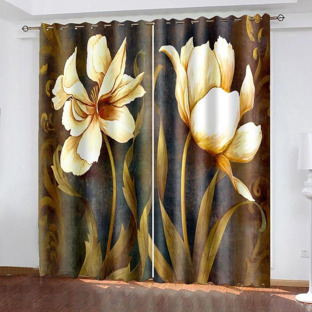 Yiran Furniture Blumen-Aquarell-Vorhänge mit floralem Design, 2er-Set, halbtransparent, Mehrfarbig, B: 55 cm, H: 185 cm - Bild 1