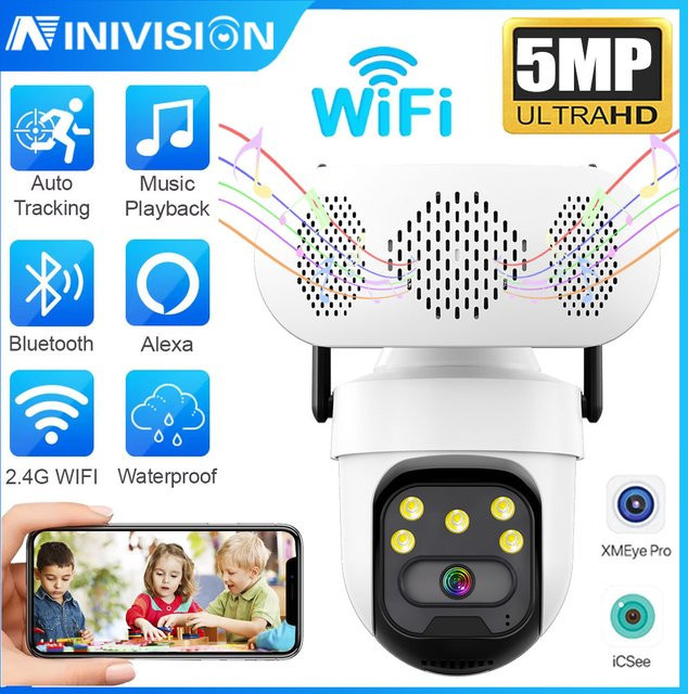NINIVISION 5MP PTZ-Überwachungskamera mit Bluetooth-Lautsprecher und WLAN, Outdoor-WLAN-Kamera mit Auto-Tracking und Zwei-Wege-Audio, Schwarz-Weiß - Bild 1