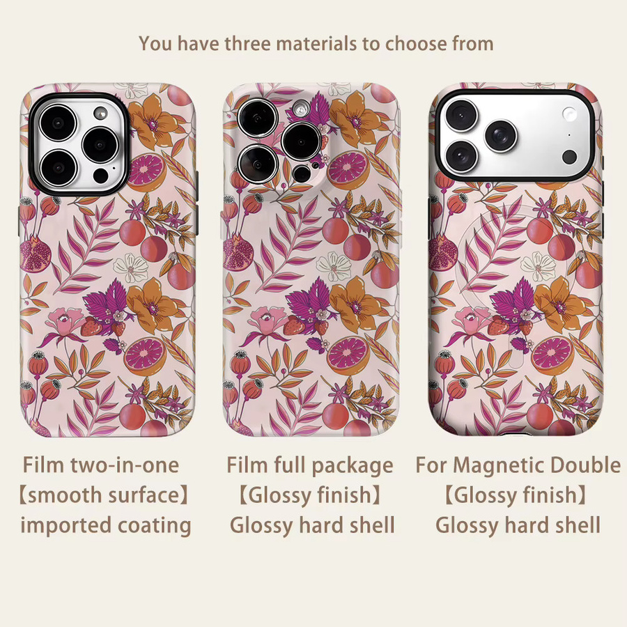Robuste zweilagige Handyhülle mit Frucht- und Blumenmuster für iPhone 17 16 15 14 13 Pro Max Plus, Pink/Mehrfarbig, Magnetisch kompatibel - Bild 2
