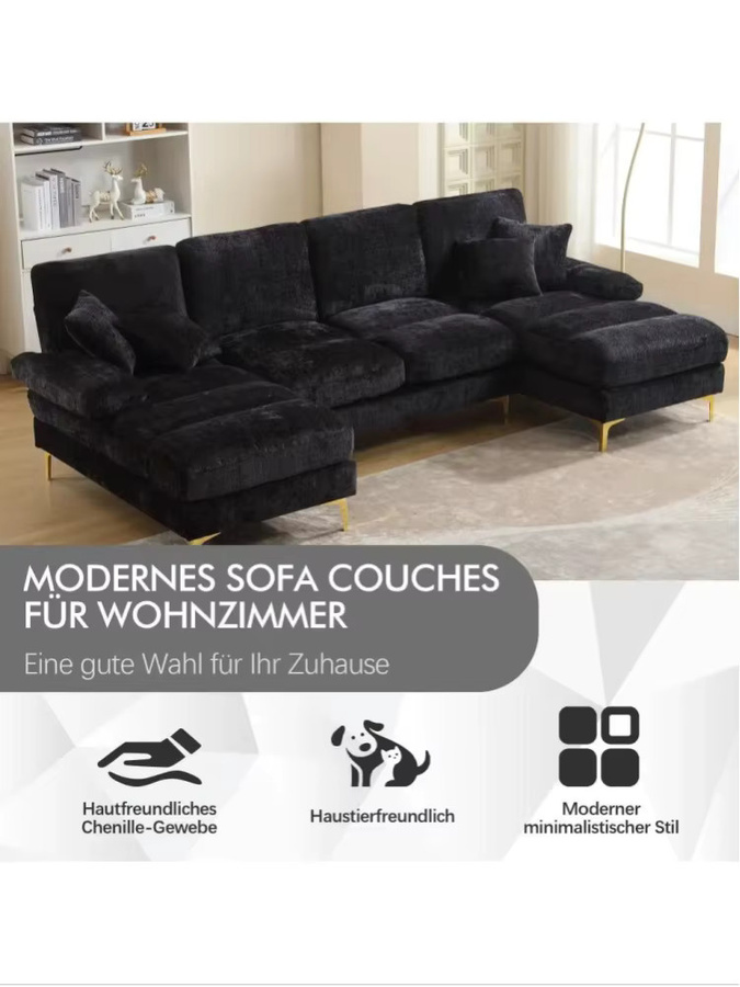 Ye Modernes U-förmiges Ecksofa aus Chenille in Schwarz mit zwei manuellen Relaxfunktionen - Bild 7