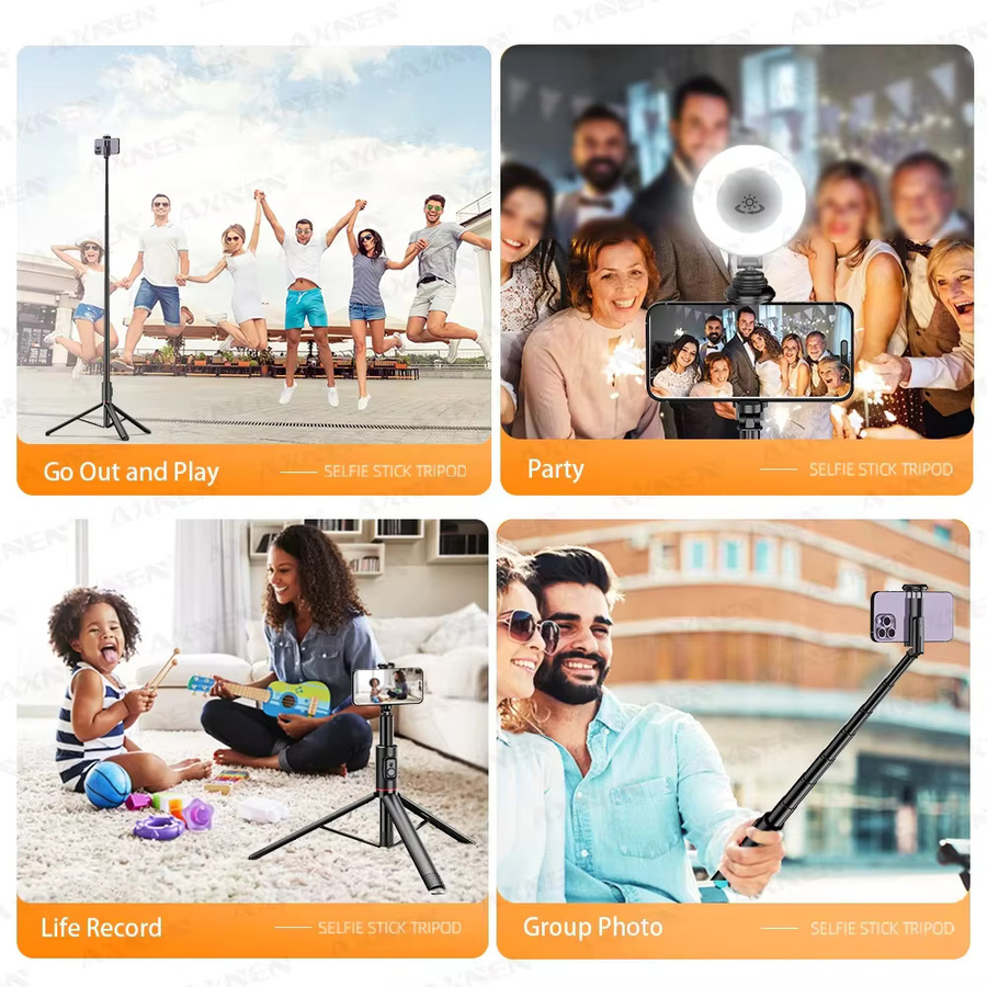 Axnen Selfie-Stick Stativ-Stabilisator mit Bluetooth und Aufhellungslicht, 183 cm Verlängerungsstange, Schwarz - Bild 6