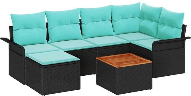 vidaXL Gartensofa-Set aus Poly-Rattan in Schwarz und Türkis, 7-teilige L-Form Lounge-Garnitur mit Akazienholz-Gestell und Polsterkissen - Bild 1