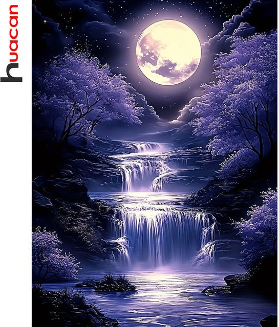 Huacan Diamantmalerei Berglandschaft mit Mond bei Nacht als 5D DIY Mosaik Kunst Wanddeko in Blau, Rund - Bild 1