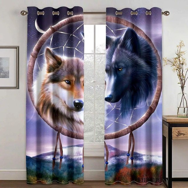 Dekorative 3D Wolf Vorhänge von A Family Of Home Textiles mit Ösen, 2er-Set, Mehrfarbig, Breite: 50 cm, Höhe: 130 cm - Bild 1
