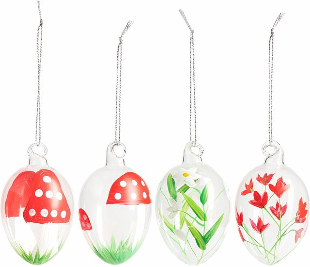 Rico Design Eier aus Glas mit Fliegenpilz und Blumen, 4er Set, transparent - Bild 1