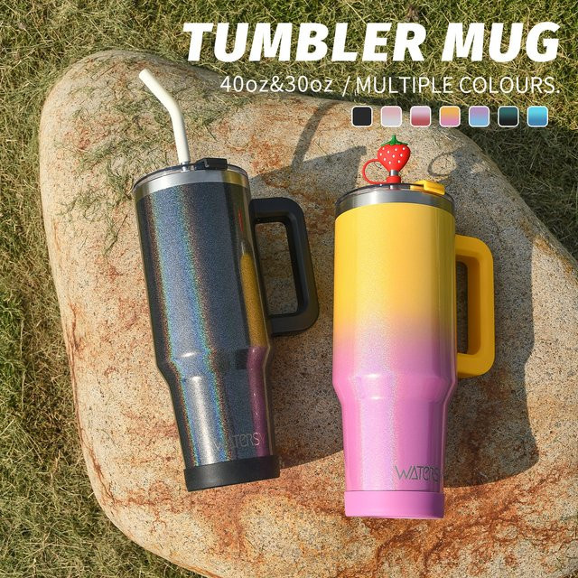 WATERSY Thermobecher Tumbler aus Edelstahl mit Griff und Strohhalm, isoliert, Schwarz - Bild 1