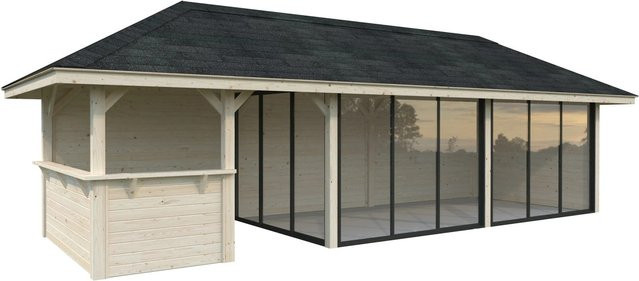 PALMAKO Pavillon Bianca Set 219 Slide aus Fichtenholz in Braun mit Alu-Schiebetüren und Eck-Tresenanlage, B/H/T: 876 x 319 x 300 cm - Bild 2