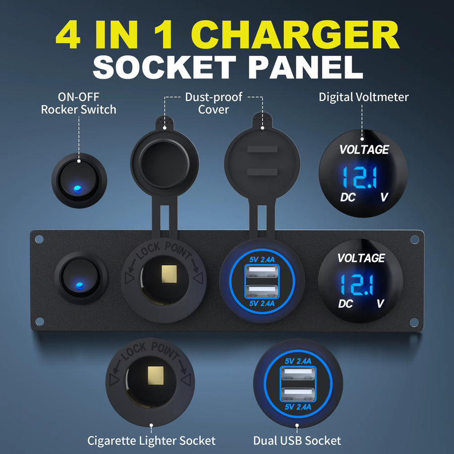 DaierTek 4-in-1 Ladegerät-Steckdosenpanel mit Dual-USB-Anschluss, LED-Voltmeter und LED-Schalter in Schwarz und Blau - Bild 3