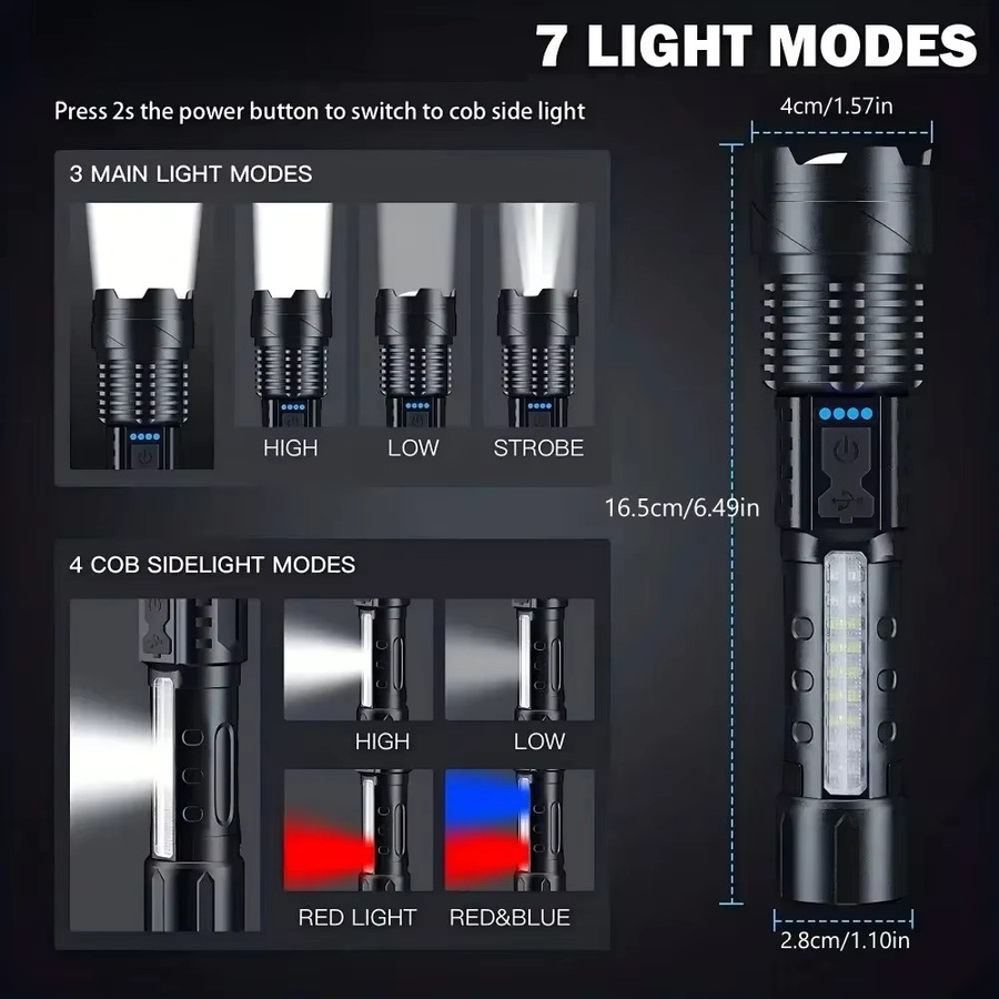 Heinast LED-COB-Taschenlampe mit Clip, superhelle wiederaufladbare Arbeitstaschenlampe mit Teleskop-Zoom in Schwarz - Bild 2