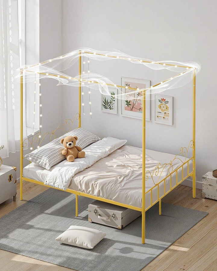Buying Solutions MB Queensize Himmelbettgestell aus Metall in Gold, minimalistisches Vier-Pfosten-Design mit Kopfteil, B/T: 160 x 200 cm - Bild 3