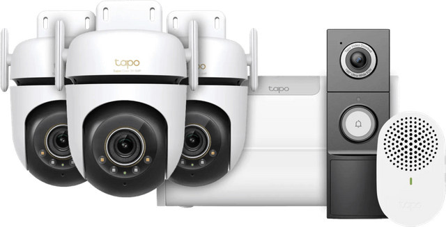 TP-Link Tapo Smart Home Set: 3x Tapo C530WS Wi-Fi Kameras, H500 CentralHub und D235 Smart Battery & Wired Doorbell in Weiß - Bild 1