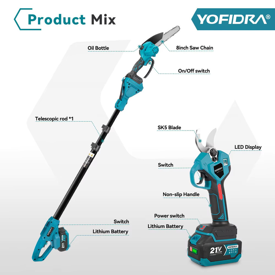 YOFIDRA 3-in-1 Bürstenlose Elektrische 8-Zoll-Kettensäge und Gartenschere mit Teleskopstange für Makita LXT Akkus - Bild 2