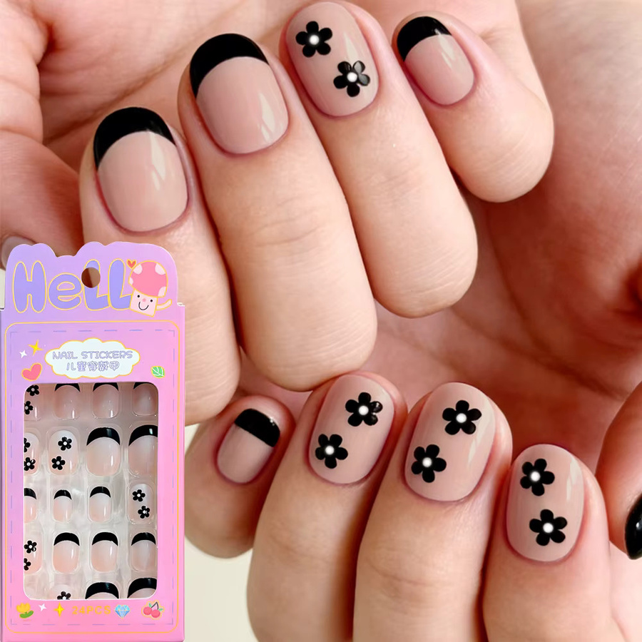 MAFANAILS Künstliche Nägel für Kinder, Schwarze Blumen, Glänzend, 24 Stück - Bild 2