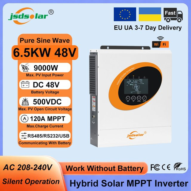 Jsdsolar Hybrid-Solarwechselrichter 6,5KW 48V 230VAC mit 120A MPPT-Solarladegerät, Reiner Sinus, WLAN, RS232/RS485/USB, Doppelter AC-Ausgang, On/Off-Grid PV-Wechselrichter, Weiß - Bild 1