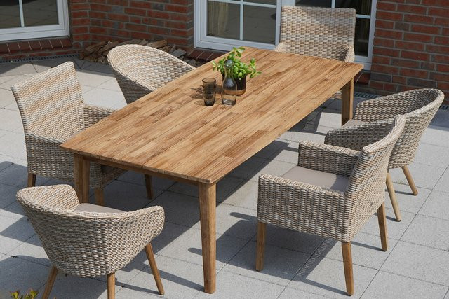 OUTFLEXX Borneo Gartenmöbel Set in Beige, bestehend aus einem Tisch und 6 Sesseln aus Polyrattan und Akazienholz, Tisch Breite: 220 cm, Tiefe: 100 cm - Bild 1