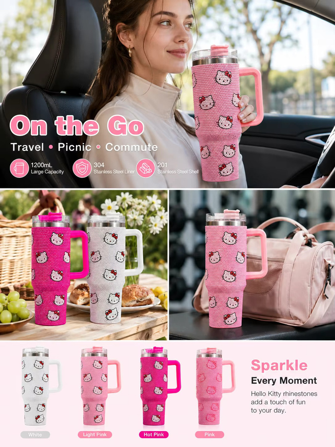 Sanrio Hello Kitty Isolierter Becher mit Griff und Glitzer-Kristall-Design für Kalt- und Heißgetränke, 1200 ml, Weiß und Pink - Bild 2
