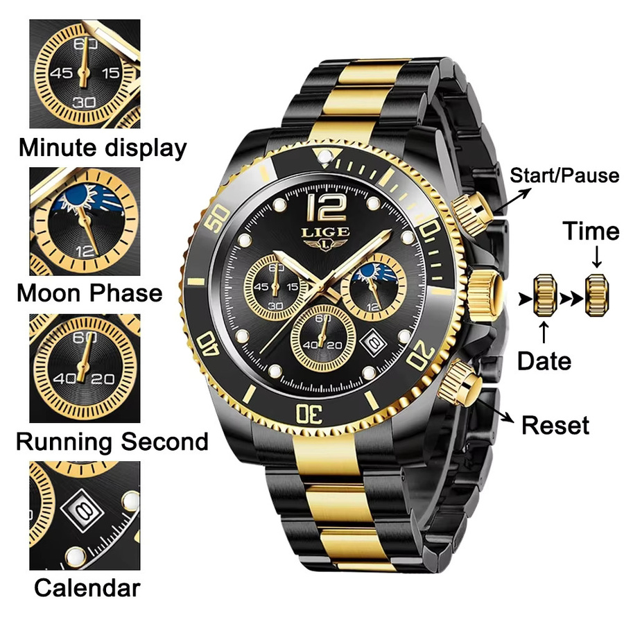 LIGE Armbanduhr Quarz, Edelstahl, Schwarz, Herren - Bild 6