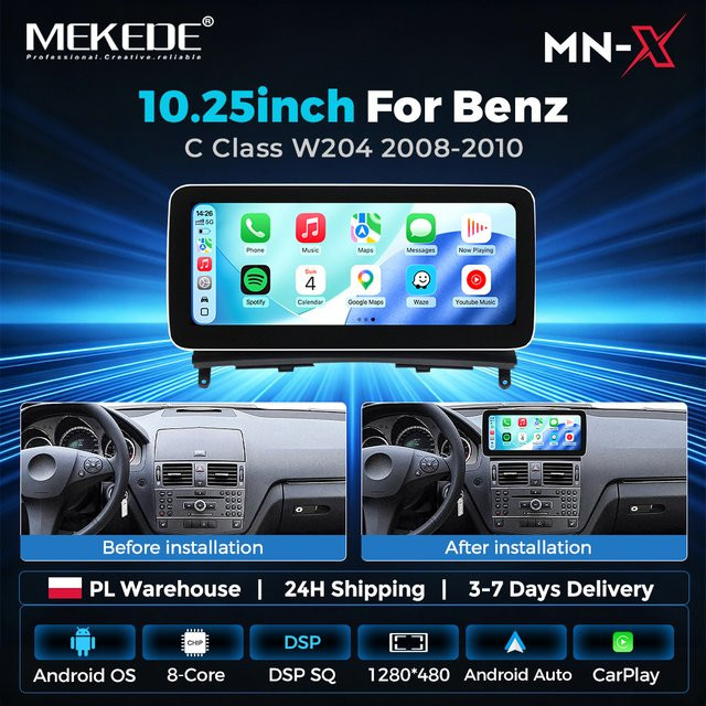 Mekede Android 14 Autoradio mit 8-Kern Prozessor, Wireless Carplay, GPS und Bluetooth für Mercedes-Benz C-Klasse W204 S204 C200 C260 C300 (2008 - 2010), Schwarz - Bild 1