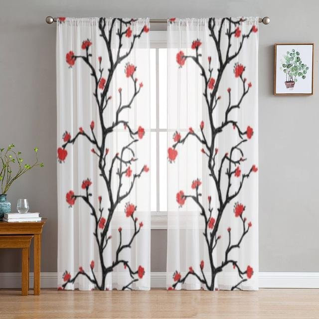 A Family Of Home Textiles Transparenter Tüll-Vorhang mit Pfirsichblüten-Design in Braun, Breite: 135 cm, Höhe: 114 cm - Bild 1