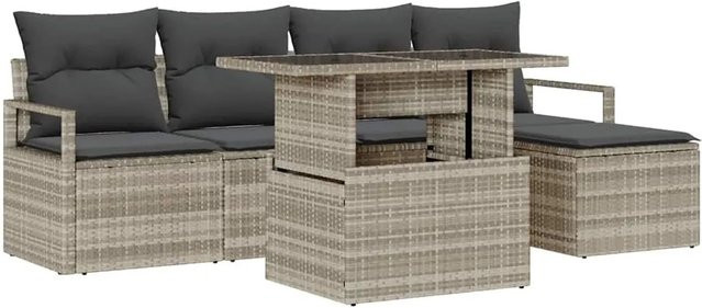 vidaXL Garten-Sofa-Set 6-teilig aus Poly-Rattan in Hellgrau mit Kissen und Tisch - Bild 1