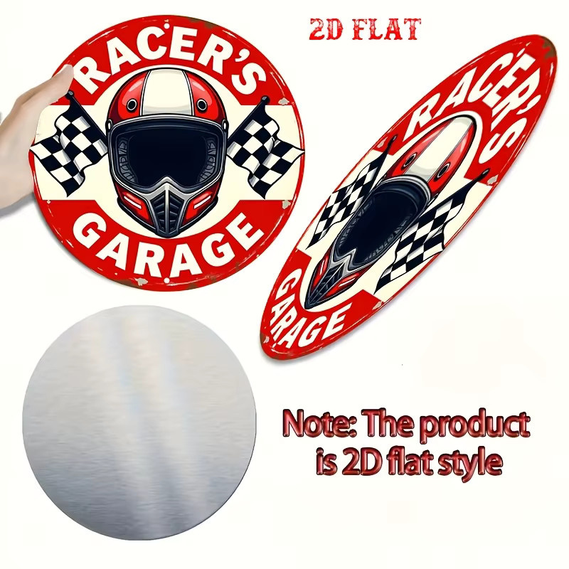 Potdemiel Vintage Metallschild Racer's Garage mit Rennflagge und Helm, Rund, Durchmesser: 20 cm, Rot - Bild 5
