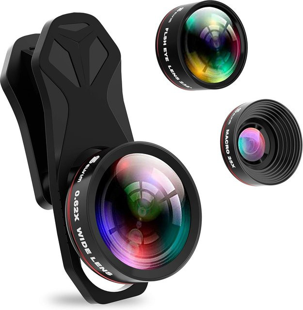 Handy Kamera Objektiv Set in Schwarz mit 0,62X Weitwinkel, +25X Makro, 235° Fischaugenlinse und Mosaik Effekt Linse inklusive Universal Halterung für Smartphones und Tablets - Bild 1
