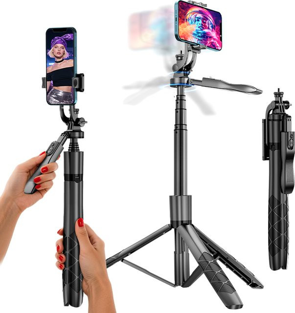 Axnen L16 Kabelloser Selfie-Stick Stativ mit Gimbal in Schwarz, Faltbares Einbeinstativ für Smartphones und GoPro Action-Kameras, Höhe: 153 cm - Bild 1