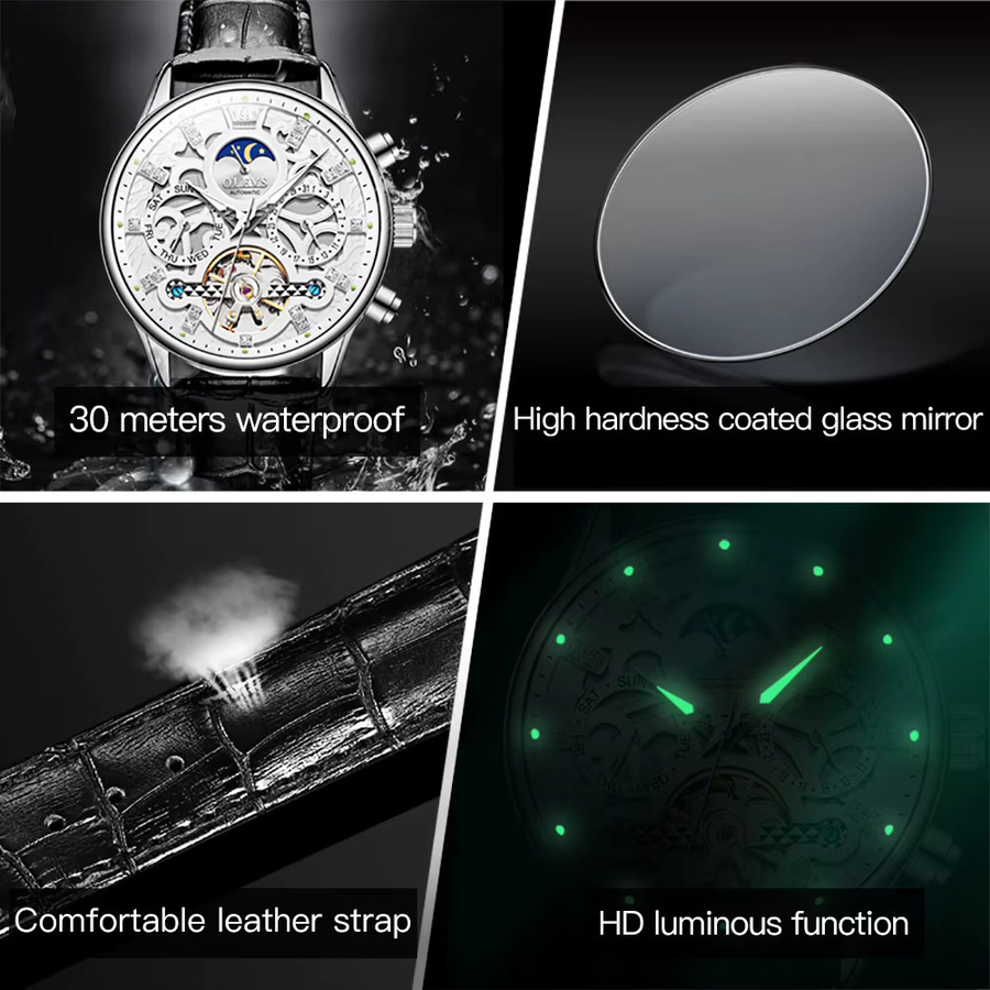 OLEVS Armbanduhr Automatik, Leder, Blau, Mondphase, Herren - Bild 5
