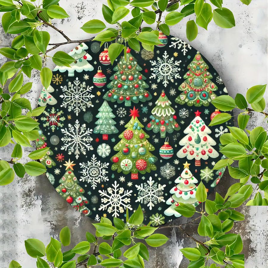 Rundes Metallblechschild Potdemiel mit Weihnachtsbaum- und Schneeflockenmuster in Multicolor, Durchmesser: 20 cm - Bild 3