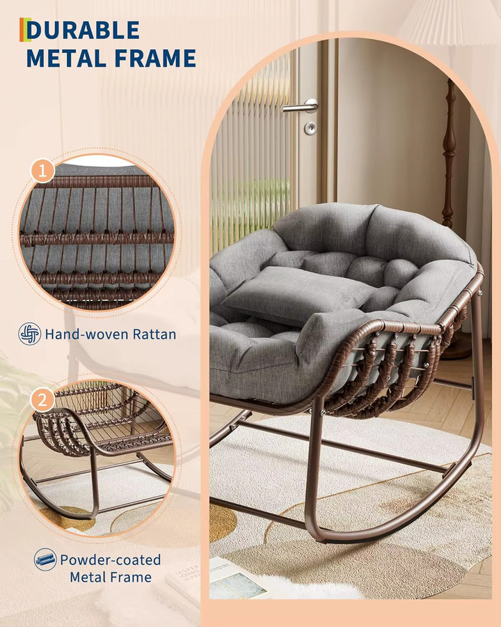 HiMISS Übergroßer Papasan Egg Schaukelstuhl aus Rattan mit Metallrahmen und Kissen in Grau - Bild 6