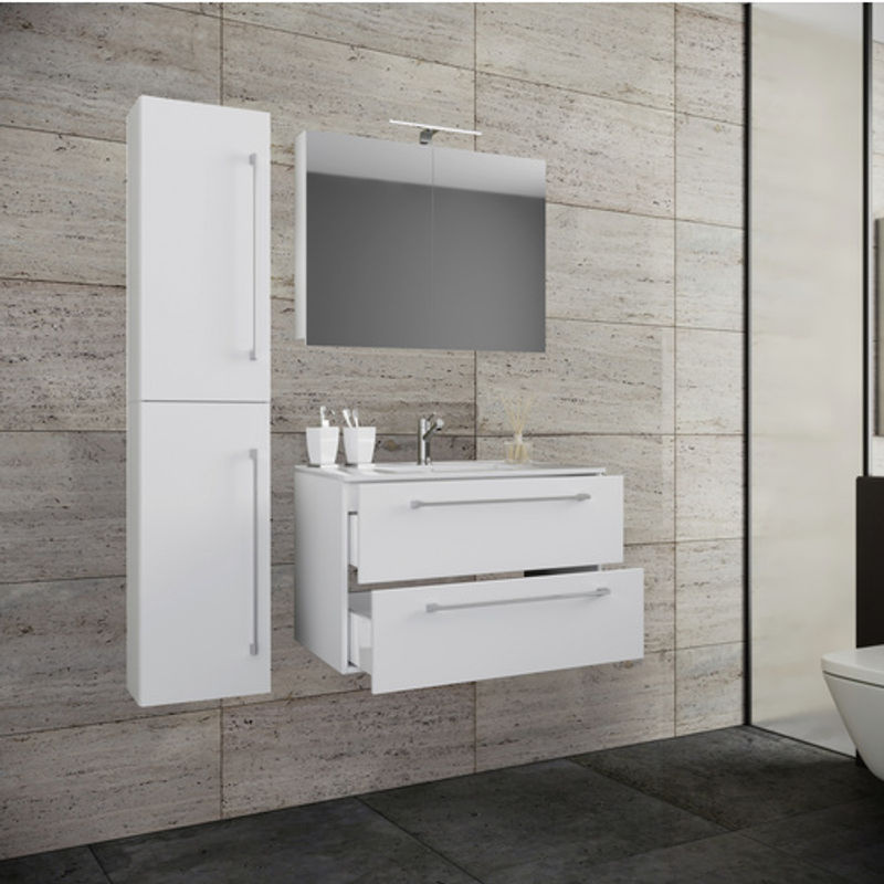 VCM Badmöbel-Set Badinos 4-teilig in Weiss mit Keramik-Waschbecken, Spiegelschrank und Hochschrank, B/H/T: 81 x 52 x 46 cm - Bild 2