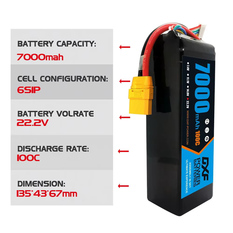 DXF 6S LiPo Batterie 22,2V 7000mAh 100C mit EC5 Stecker SoftCase in Schwarz für 1/8 Buggy Truggy Offroad RC Modelle - Bild 2