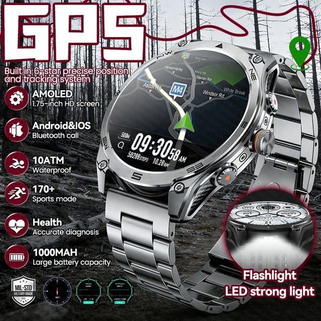 GUHUAVMI Smartwatch, GPS, Edelstahl, Schwarz, 10 ATM, Herren - Bild 1
