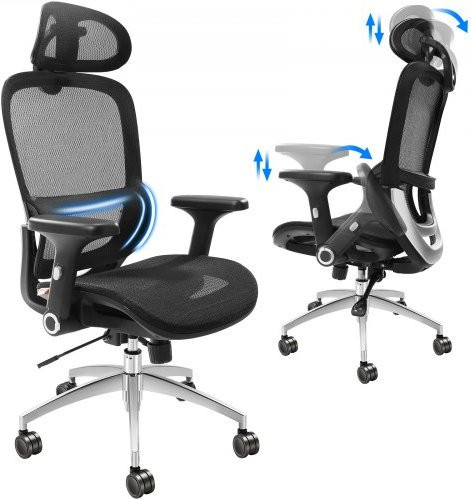 VEVOR Mesh Office Chair in Schwarz mit verstellbarer Rückenlehne, Kopfstütze und Lendenwirbelstützung, ergonomischer Drehstuhl mit Armlehnen und Rollen für das Home Office - Bild 1