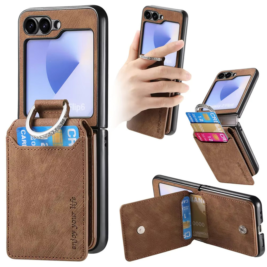 Retro Lederhülle mit Ringhalterung und Kartenhalter für Samsung Galaxy Z Flip 7 6 5 4 3 5G in Schwarz oder Braun - Bild 2
