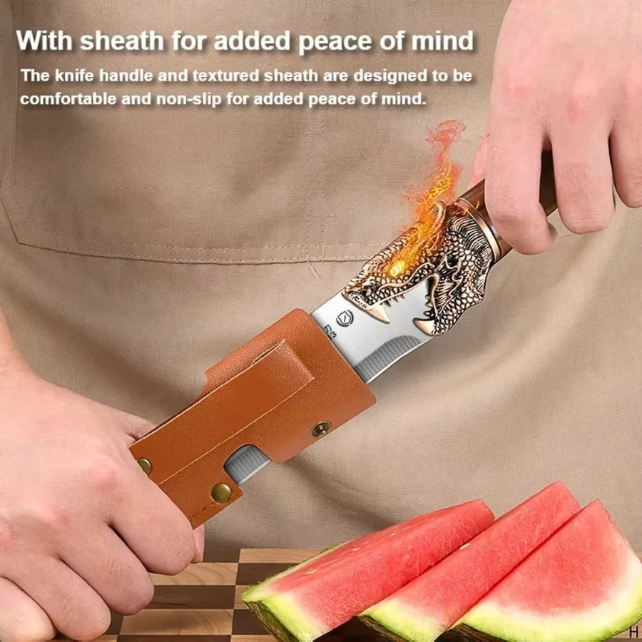 PLYS Wassermelonenmesser Cleaver aus Edelstahl mit Drachenkopf-Design und verlängertem Griff in Silber - Bild 3