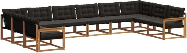 vidaXL Outdoor-Sofagarnitur aus massivem Akazienholz in U-Form, 10-teiliges Set mit Textilene und Kissen, Braun und Schwarz - Bild 1