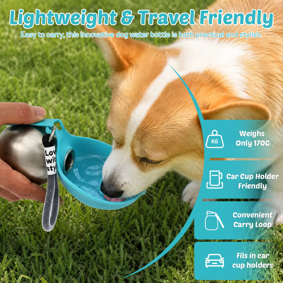 Willstar Hunde-Wasserflasche aus Edelstahl in Blau mit Silikonschüssel, 294 ml, auslaufsicherer tragbarer Welpen-Wasserspender - Bild 2