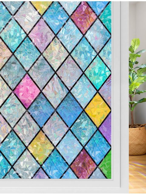 BUNPIG Sichtschutzfolie für Fenster, Regenbogen-Buntglas-Fensterfolie in Multicolour, dekorative geometrische Fensterfolie ohne Klebstoff, wiederverwendbar - Bild 1