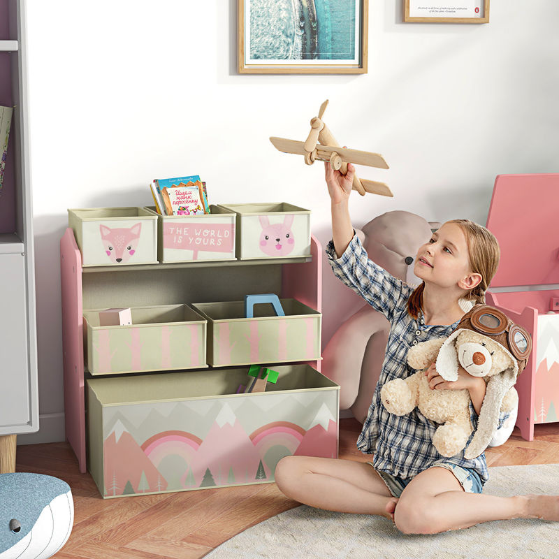 ZONEKIZ Kinderregal mit 6 herausnehmbaren Aufbewahrungsboxen aus Vliesstoff, Spielzeugregal und Bücherregal für Kinderzimmer, Kindergarten und Spielzimmer, Rosa, B/T/H: 63 x 30 x 66 cm - Bild 2