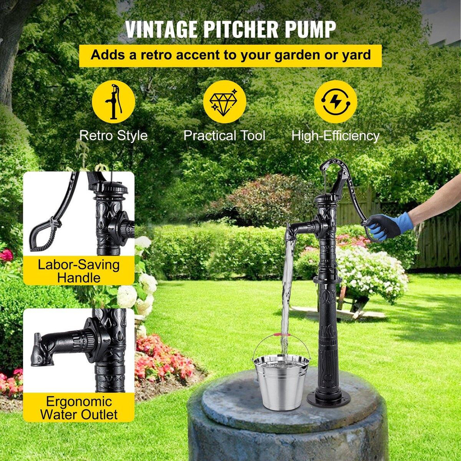Manuelle Wasserpumpe aus Gusseisen mit Ständer in Schwarz von SYBC, Rustikaler Brunnen mit 1/2 Zoll Anschlüssen, H x B x T: 134,87 x 39,63 x 23,88 cm - Bild 4