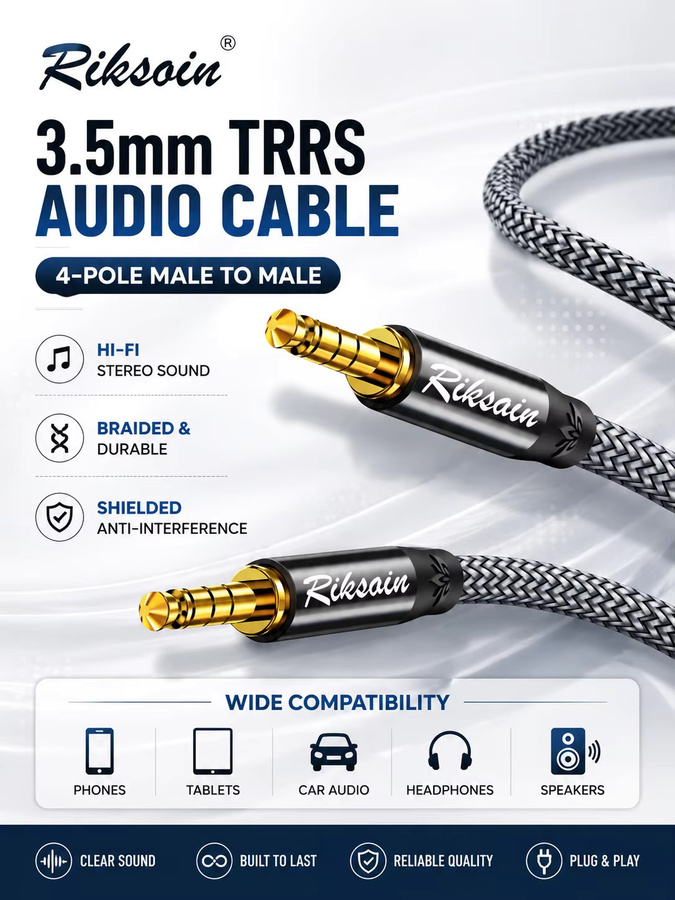 Riksoin 3,5mm TRRS AUX Audiokabel grau, geflochtenes 4-Pol Hi-Fi Stereo-Kabel abgeschirmt für iPad, Samsung Tablet und Auto - Bild 4