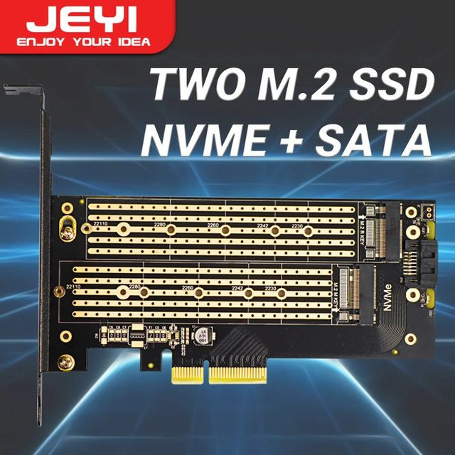 Jeyi Dual M.2 PCIe 4.0 Adapter für NVMe und NGFF SSD, unterstützt NVMe M Key und SATA B Key, Schwarz - Bild 1
