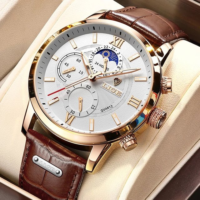 LIGE Chronograph, Quarz, Leder, Herren, Silber, Edelstahl, Weiß - Bild 1