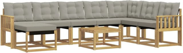 vidaXL Outdoor-Sofagarnitur 9-teilig in L-Form aus massivem Akazienholz mit Textilene-Bezug und Kissen in Weiß-Hellgrau - Bild 1