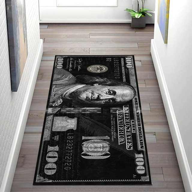 Lustiger Bereichsteppich im 100-Dollar-Schein Design, Läufer für Küche oder Eingangsbereich, Schwarz-Weiß, B/T/H: 120 x 40 cm - Bild 1