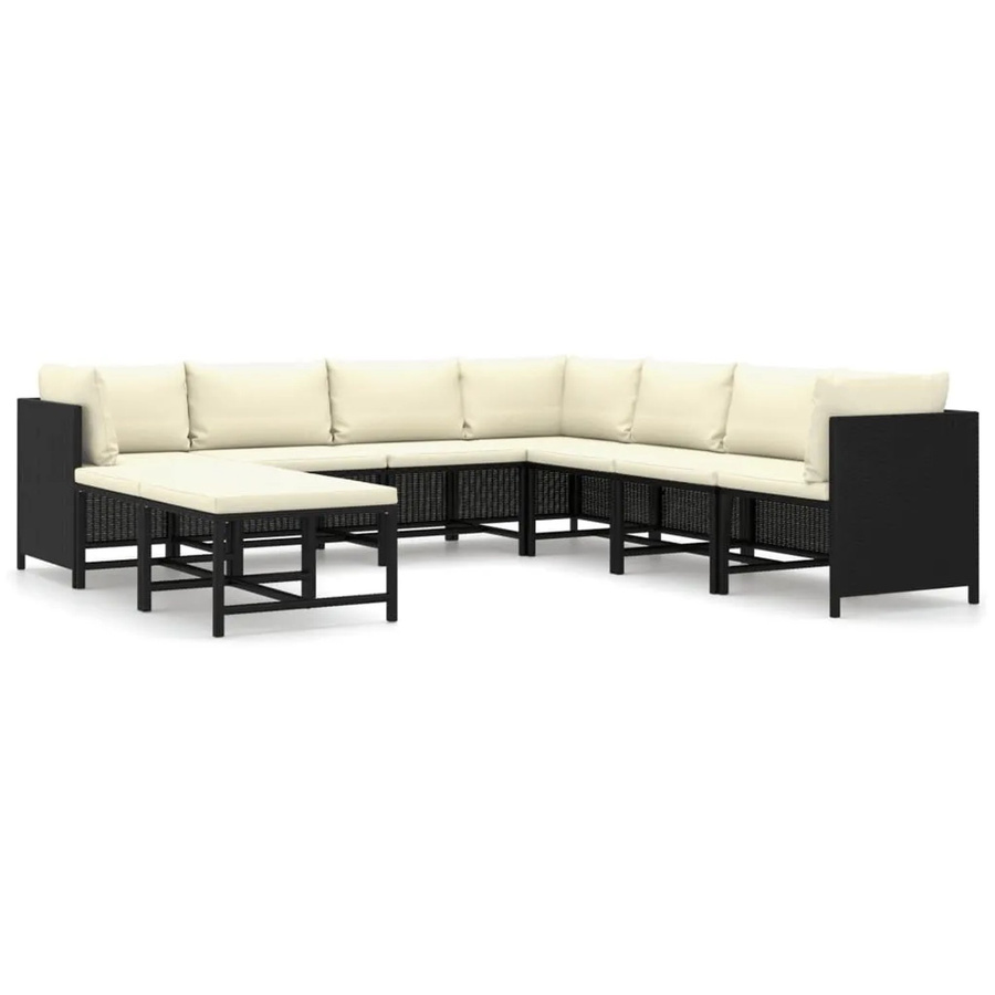 vidaXL 9-tlg Garten-Lounge-Set in L-Form aus Poly Rattan und pulverbeschichtetem Stahl in Schwarz mit Polstern und Kissen - Bild 2