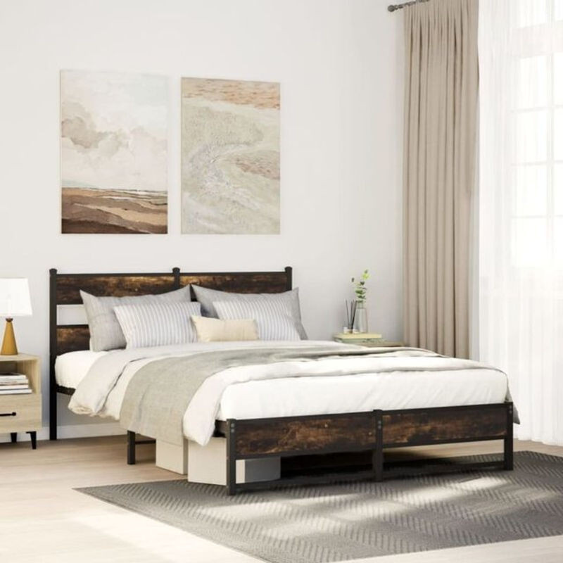 Metallbett Vidaxl in Räuchereiche Braun im Industrial Design ohne Matratze B/T/H: 150 x 200 cm - Bild 1
